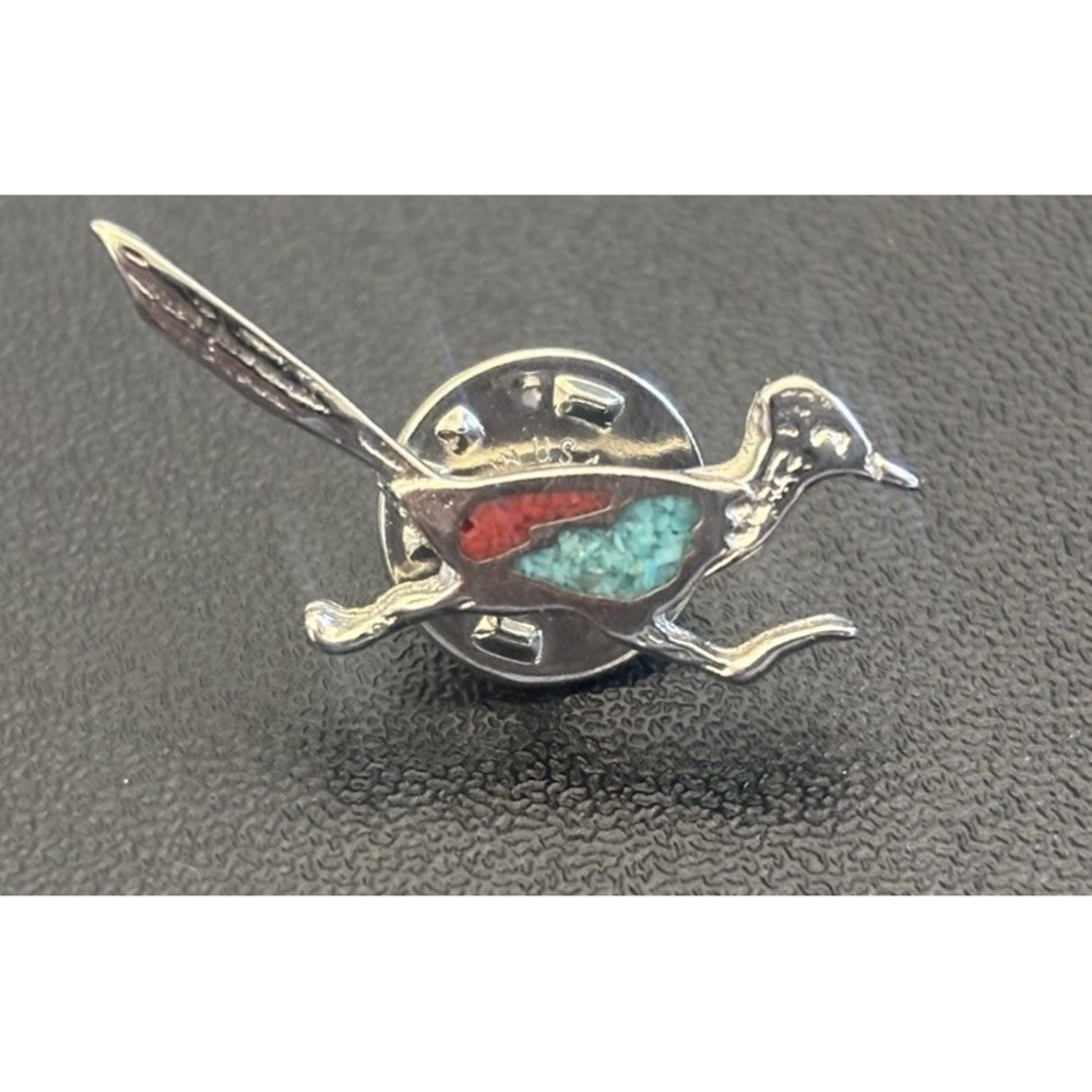 Roadrunner Turquoise Coral Inlay Tie Tack Lapel Pin Southwestern Nickel Silver